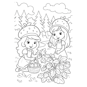 Moranguinho e amiga com cestas na plantação de morangos para colorir