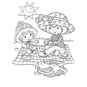 Moranguinho e amiga fazendo piquenique para colorir