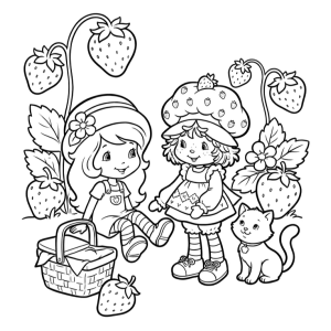Moranguinho e Laranjinha com cestas e um gatinho para colorir