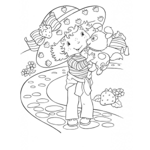 Moranguinho sentada no caminho de pedras com flores para colorir