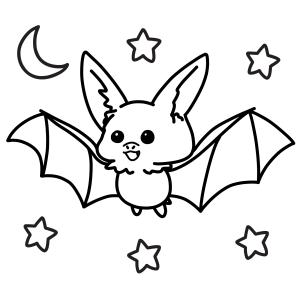 Morcego fofo entre estrelas e lua crescente para colorir