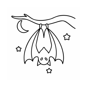Morcego pendurado no galho com estrelas para colorir