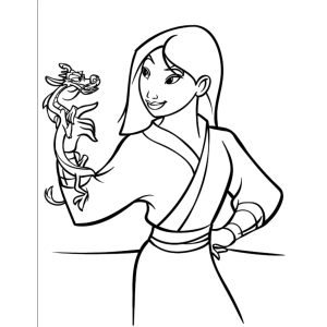 Mulan com a mão na cintura segurando Mushu para colorir