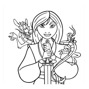 Mulan com Mushu e Cri-Kee segurando a espada para colorir