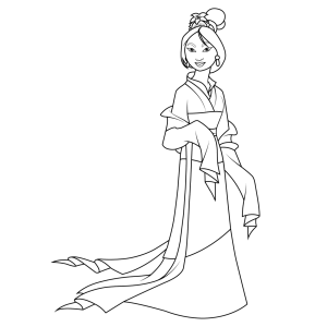 Mulan com o cabelo preso e flor para colorir
