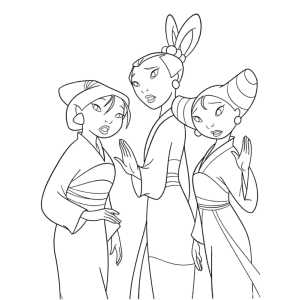 Mulan com os soldados disfarçados de damas para colorir