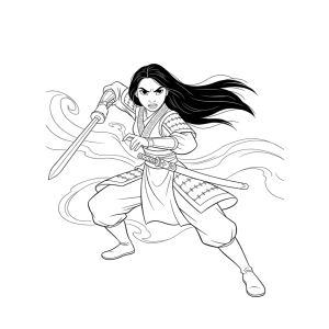 Mulan correndo com a espada em punho para colorir
