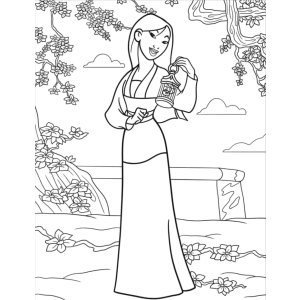Mulan de armadura no jardim do templo para colorir