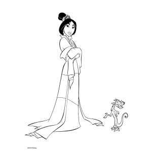 Mulan de vestido e leque na mão para colorir
