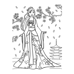 Mulan de vestido elegante com flores de cerejeira para colorir