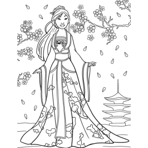 Mulan de vestido entre flores de cerejeira para colorir