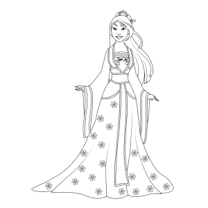 Mulan de vestido longo com flores para colorir