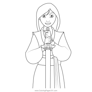 Mulan de vestido segurando um leque para colorir