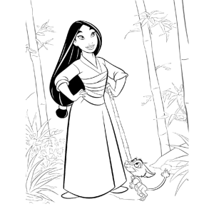 Mulan de vestido tradicional com o grilo Cri-Kee para colorir