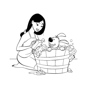 Mulan e Cri-Kee à beira da bacia de água para colorir