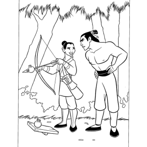Mulan e Li Shang no acampamento para colorir