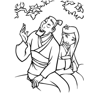 Mulan e Li Shang sentados conversando para colorir