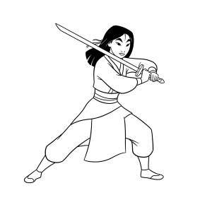 Mulan em guarda com a espada para colorir