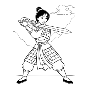 Mulan em pose de luta com a espada para colorir
