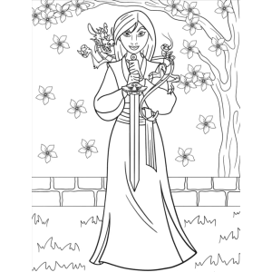 Mulan no jardim com as mãos juntas para colorir