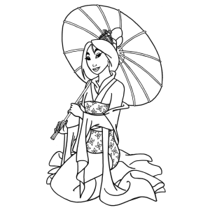 Mulan passeando com a sombrinha para colorir
