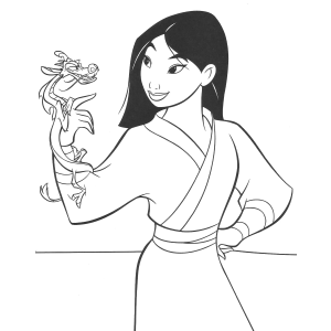 Mulan segurando o Mushu no colo para colorir