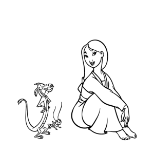 Mulan sentada ao lado de Mushu para colorir