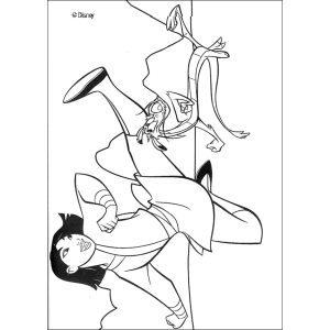 Mulan treinando com a espada e Mushu para colorir
