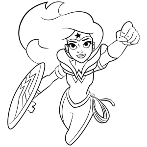 Mulher-Maravilha avançando com o escudo e o punho erguido para colorir