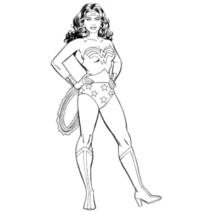 Mulher-Maravilha clássica de pé com o laço na cintura para colorir