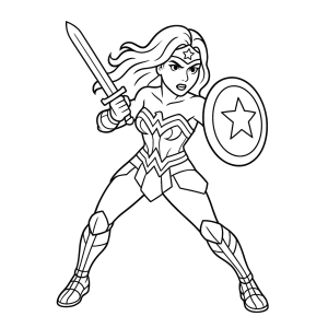 Mulher-Maravilha com a espada e o escudo para colorir