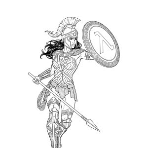 Mulher-Maravilha com lança e escudo em pose de batalha para colorir
