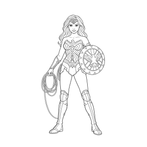 Mulher-Maravilha com o escudo redondo e o laço para colorir