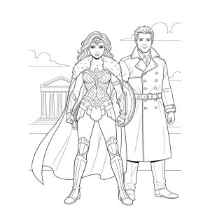 Mulher-Maravilha e Steve Trevor lado a lado para colorir
