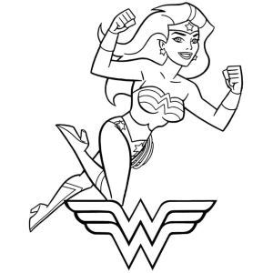 Mulher-Maravilha em pose de força com o símbolo WW para colorir