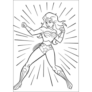 Mulher-Maravilha em pose heroica com raios de luz para colorir