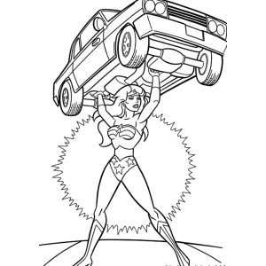Mulher-Maravilha levantando um carro para colorir