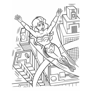 Mulher-Maravilha saltando entre os prédios da cidade para colorir