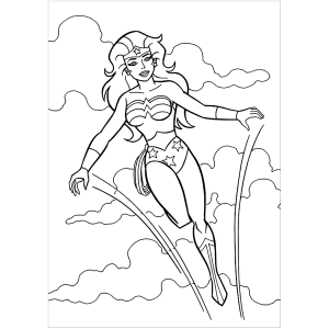 Mulher-Maravilha voando entre as nuvens com o laço para colorir