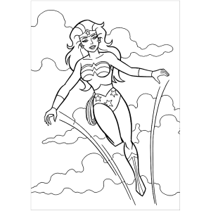 Mulher-Maravilha voando sobre as nuvens com os braços abertos para colorir