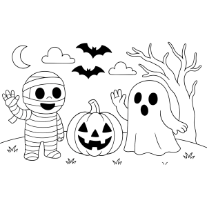 Múmia com abóbora e fantasma na floresta para colorir