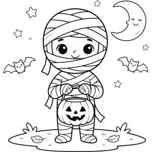 Múmia com balde de abóbora na noite de Halloween para colorir
