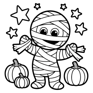 Múmia feliz com abóboras para colorir