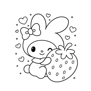 My Melody abraçando um morango gigante para colorir