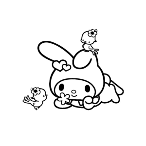 My Melody com um passarinho e uma florzinha para colorir