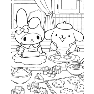 My Melody e Pompompurin fazendo biscoitos na cozinha para colorir