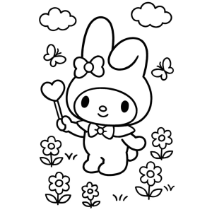 My Melody no jardim com flores e nuvens para colorir
