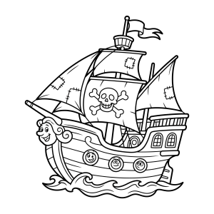 Navio pirata com bandeira de caveira para colorir