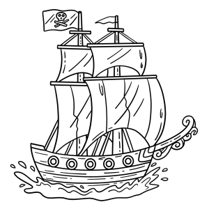 Navio pirata navegando com velas abertas para colorir