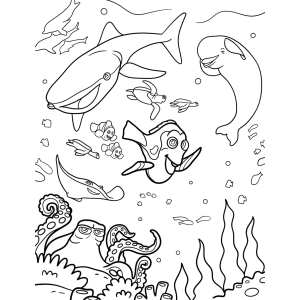 Nemo e os amigos no recife de corais para colorir